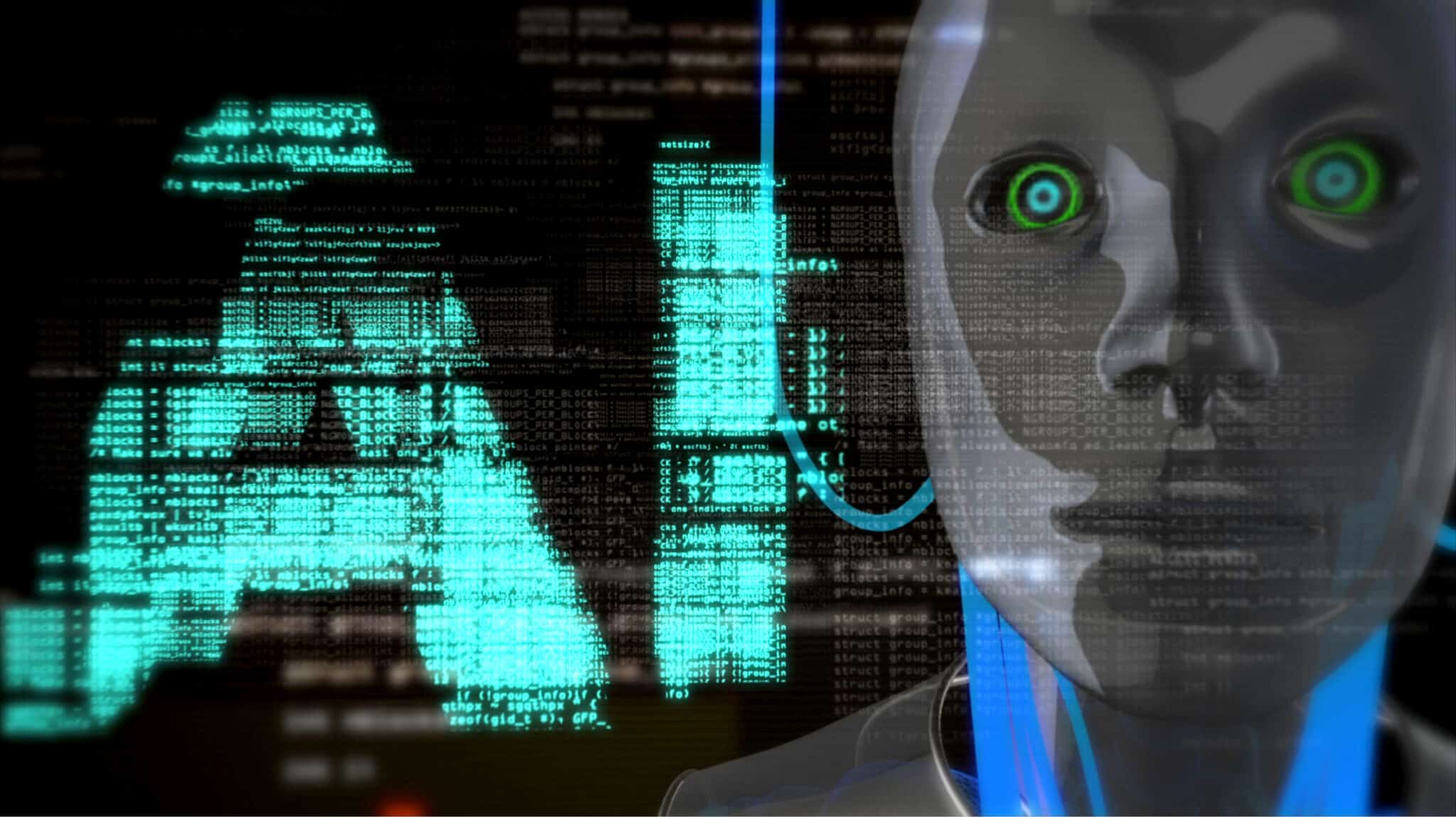 digital image of computer head with letters AI in background