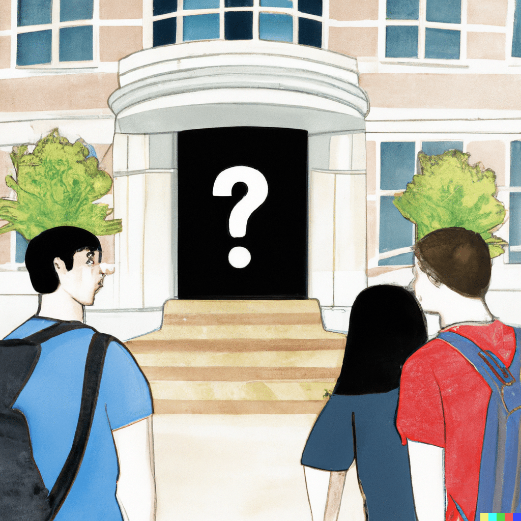 watercolor style image with three students approaching the door of a college building