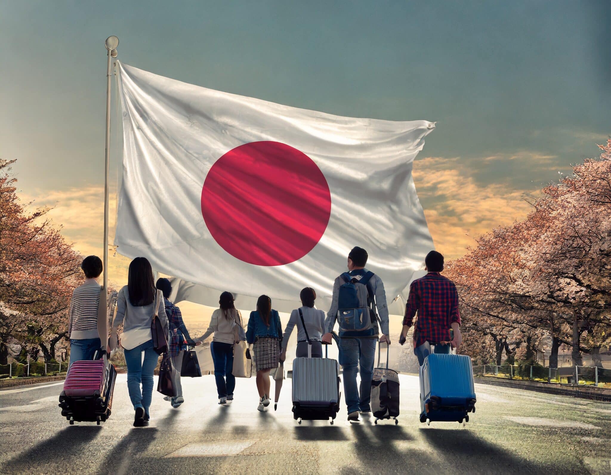 Firefly Create a fantasy image of a large group of college students dragging rolling suitcases and large flag of Japan