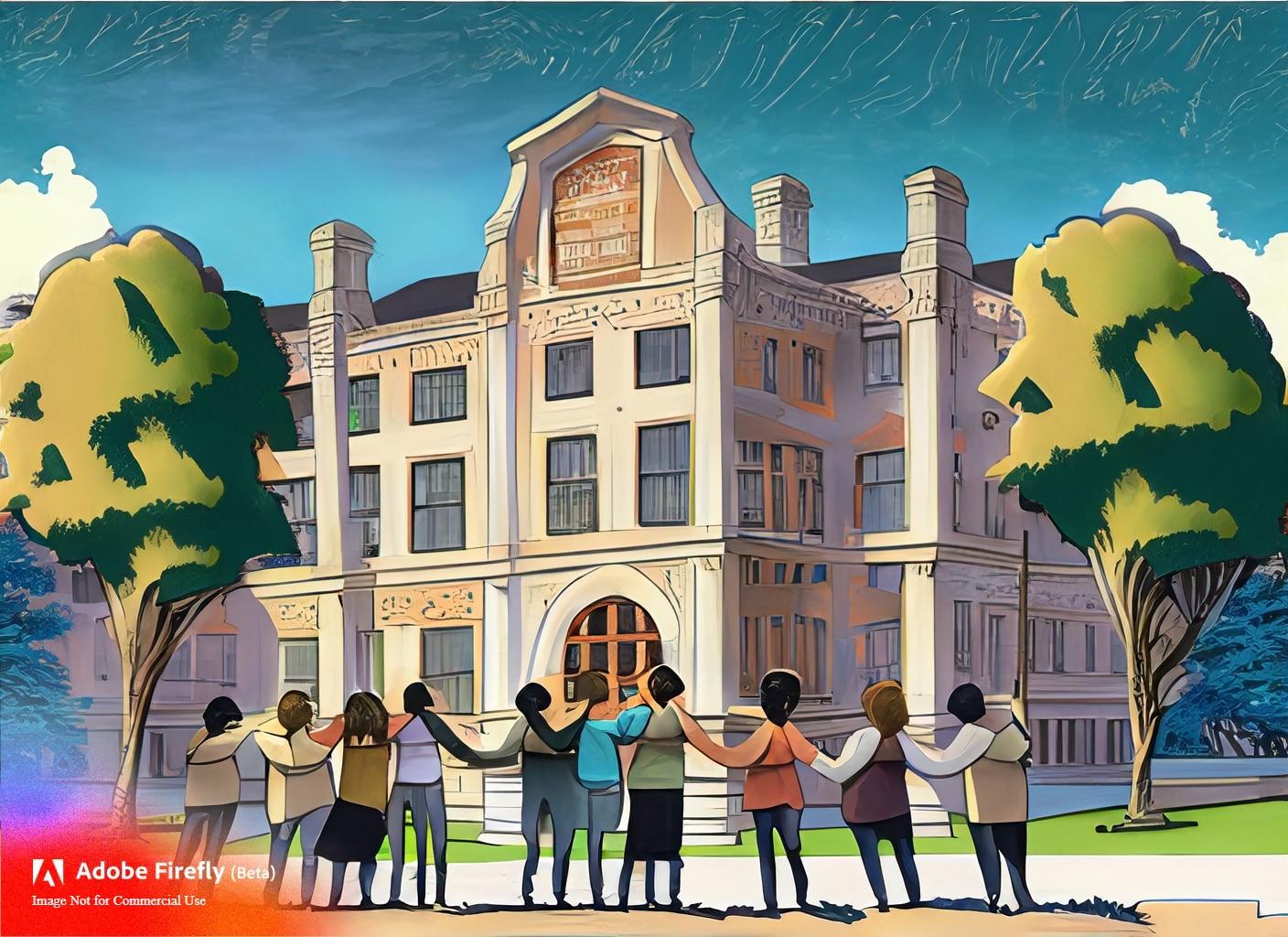 retention-rates-firefly-created-image; comic style image with diverse student body standing in front of large academic building